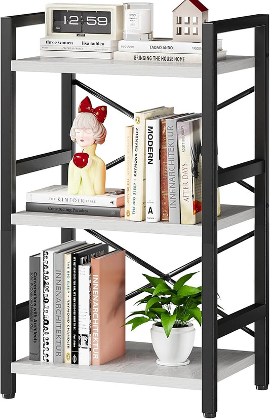 Homeiju Bookshelf, 3 Tier Industrial Bookcase, Metal Small Bookcase, Rustic Etagere Book Shelf Storage Organizer for Living Room, Bedroom, and Home Office(White) Patent Pending D29873033