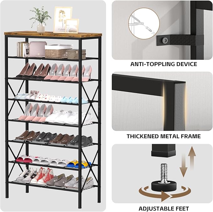 8 Tiers Tall Shoe Rack Organizer, Large Capacity Shoe Rack Holds 32 Pairs of Shoes, Durable and Stable, Adjustable Metal Shelf Stackable Shoe Shelf for Entryway, Hallway, Living Room, Closet