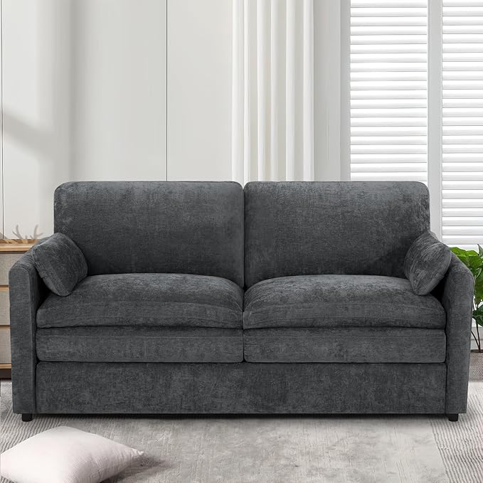 69" Chenille Modern Couch with Cozy & Soft Backrests, 2 Seats Sofa with 2 Extra Pillows, Comfy Upholstered Sofa with Thicker Cushions for Living Room, Office, Grey