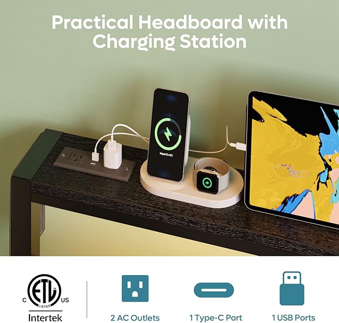 Bestier Twin Bed Frame with Storage Headboard and Charging Station, Black Platform Bed Frame with LED Light, Non-Slip Metal Bed Frame, Noise-Free, Easy Assembly