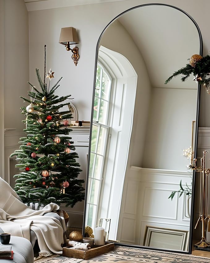 Full Length Mirror, 71"x28" Arched Floor Mirror Freestanding, Floor Standing Full Body Mirror with Stand for Bedroom, Hanging Mounted for Living Room Cloakroom, Black