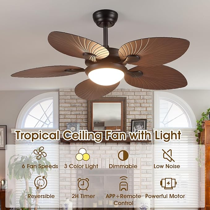 Tropical Ceiling Fans with Lights and Remote/APP Control, 44 Inch Palm Leaf Ceiling Fan with LED Lights, Outdoor Ceiling Fans for Patios Porch, Reversible Quiet Motor, Dimmable, Light Brown