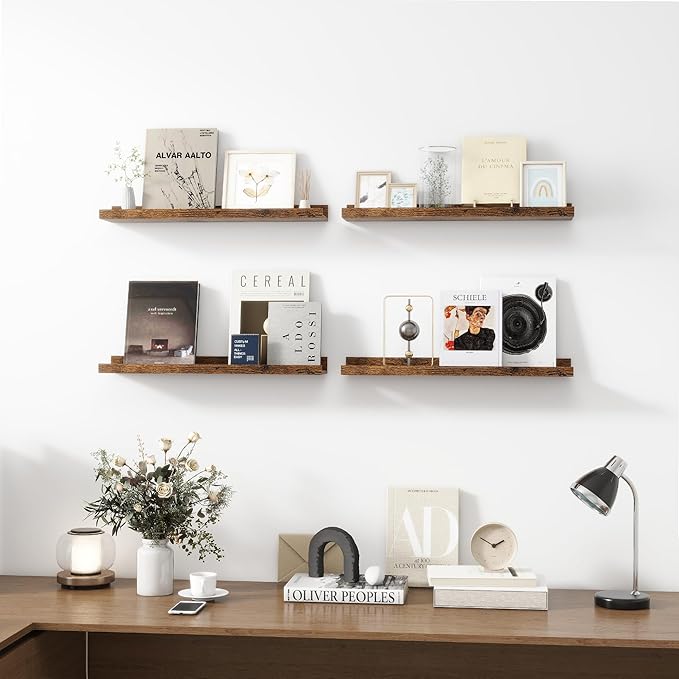 Picture Ledge Shelf, Wood Floating Shelves Set of 4, 24 inch Picture Ledge Shelves, Photo Ledge Nursery Book Shelves Wall Mounted for Living Room Kids' Room Bedroom, Color Brown