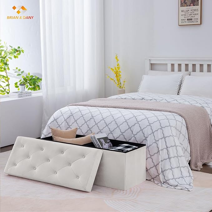 BRIAN & DANY 43 Inches Folding Storage Ottoman Bench, Velvet Ottoman with Storage for Living Room, Long Shoes Bench, Flannelette Footrest Benches Seat (White)