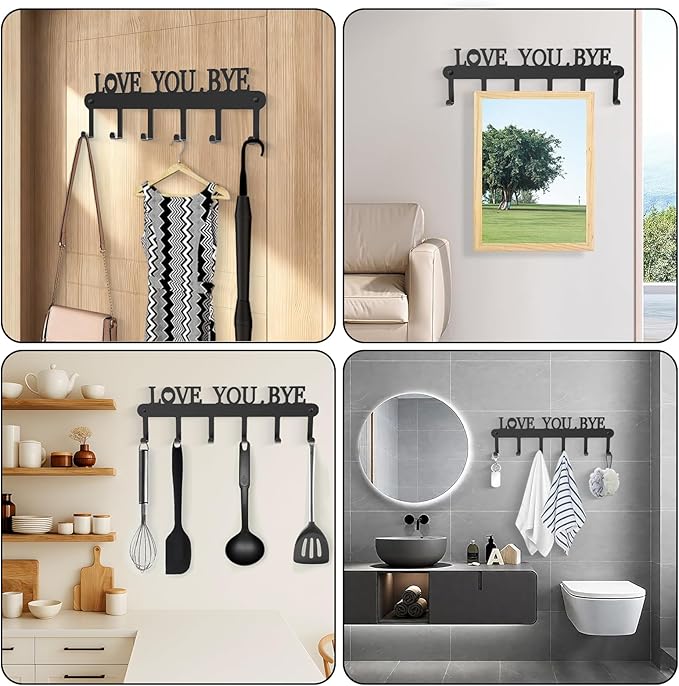 Key Holder for Wall - 'Love You Bye' Key Hooks,Key Holder Wall Mount Self Adhesive, Key Rack Wall Mount for Wall No Drill for Living Room, Kitchen, Bathroom, Garage (Black, 6 Hooks)