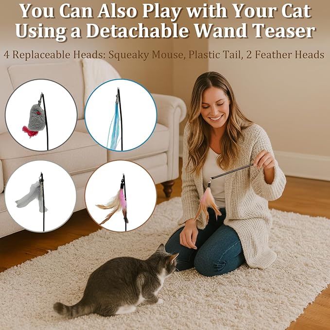Laser Cat Toy, 3 in 1 Interactive Toy for Cats, Rechargeable Wand and Chasing Interactive Pet Toy for Bored Indoor Cats Kittens 3 Extra Replaceable Teaser Wand Heads