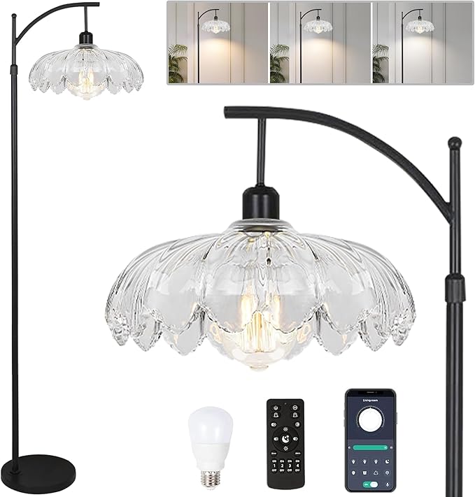 Black Floor Lamp for Living Room Bedroom with Remote,Unique Vintage Standing Tall Lamp,Mid Century Modern Floor Lamps with Dimmable Bulb,Arc Clear Glass Floor Lamps for Office Corner
