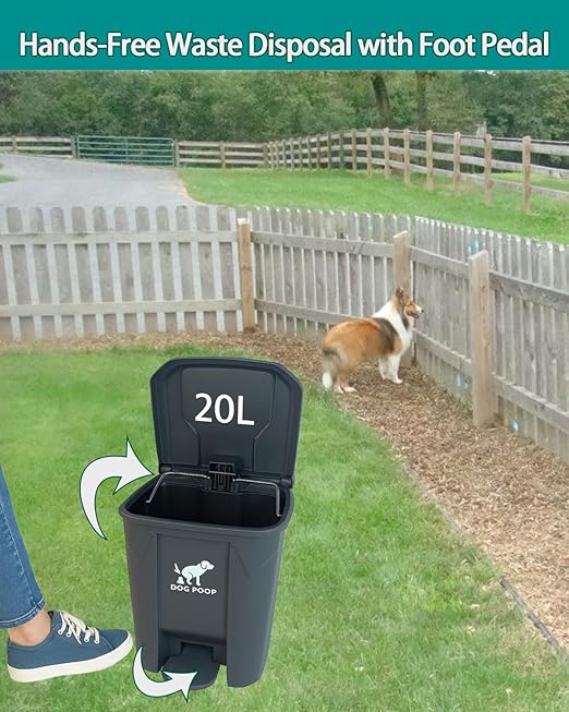Dog Poop Trash Can Outside with Foldable Pooper Scooper – 20L Outdoor Pet Waste Bin with Foot Pedal Lid & 100 Bags – Waterproof Odor Control Trash Can for Yard, Patio, Garden