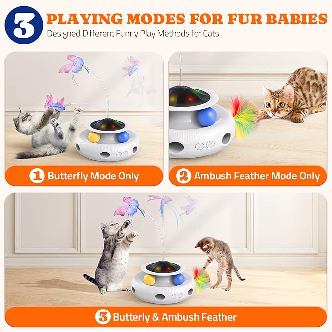 Interactive Cat Toys: 3 in 1 Automatic Cat Toy for Indoor Cats, Electric Kitten Toy with USB Rechargeable, Self Play Kitty Toys with Spinner Fluttering Butterfly, Track Ball and 2 Ambush Feathers