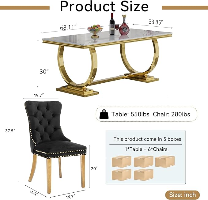 Goujxcy 68" Faux Marble Dining Table Set for 6, 7-Piece Dining Set with White Gold Kitchen Table and 6 Velvet Tufted Chairs, Modern Rectangular Dining Room Table with O-Shape Stainless Steel Base