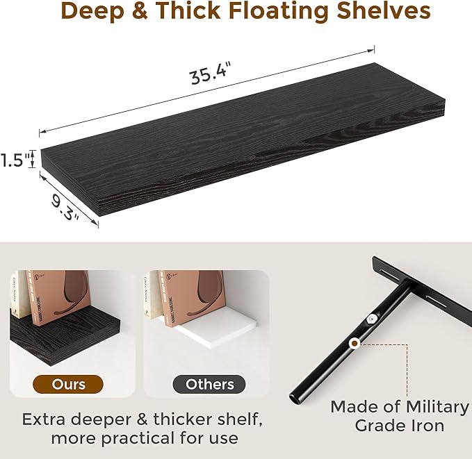Fun Memories Floating Shelves for Wall, 36 x 9.3 Large Floating Shelf Wall Mounted Set of 2, Rustic Wood Shelves for Bathroom, Kitchen, Living, Heavy-Duty Storage Deep Shelf for Books, Decor, Black