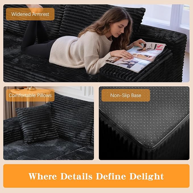 106'' Boneless Couches for Living Room, L Shaped Modular Sectional Sofa with Chaise Lounge, Faux Rabbit Fur & Layered Cushion Deep Seat Cloud Couch, No Assembly (Black, Left Facing Chaise)