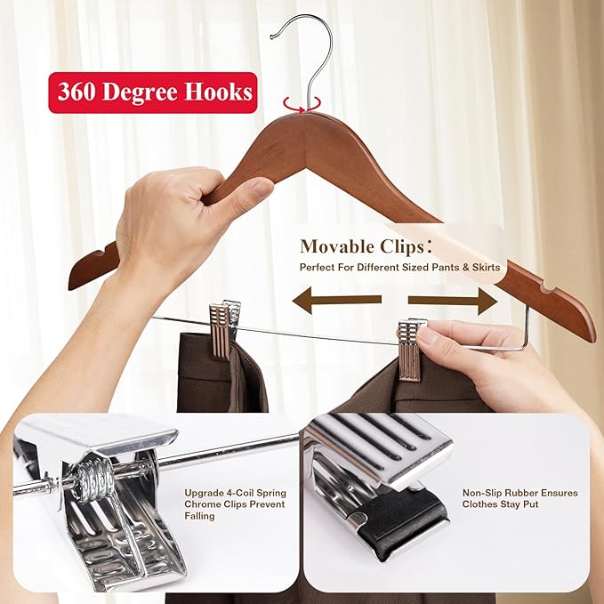 Wooden Hangers with Clips 24 Pack Wooden Pants Hangers,Skirt Hangers with Clips,Adjustable Heavy Duty Clip Hangers,Hangers for Pants,Jeans,Slacks,Shorts （Walunt）