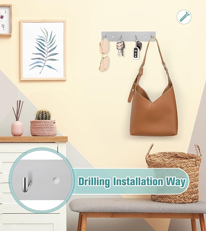 RELBRO Key Holder Wall Mount, Large Metal Self Adhesive Key Rack with 4 Hooks, 2 Installation Options, Silver