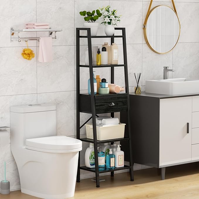 Furologee 5 Tier Bookshelf, Ladder Shelf with Drawer, Tall and Narrow Bookcase, Storage Shelves Organizer,Industrial Display Standing Units for Bathroom,Kitchen,Bedroom,Living Room,Black Oak