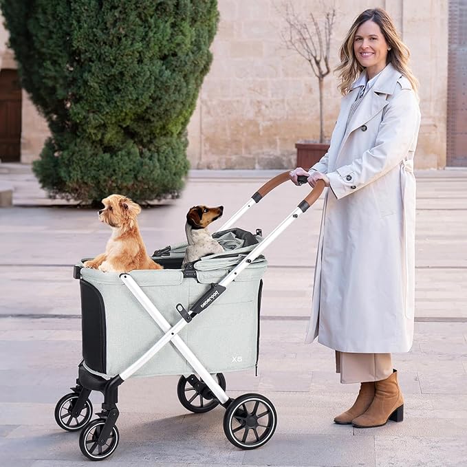 X6 Luxury Pet Stroller for Medium Dogs up to 66 lbs, One-Second Fold Design, 180° Canopy, 4-Wheel Shock Absorption (Green)