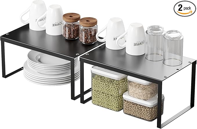 Cabinet Organizer Shelf, Set of 2 Cabinet Shelves, Stackable Metal Kitchen Counter Organizer, Adjustable Countertop Cupboard Pantry Shelf Riser Storage Rack, Black