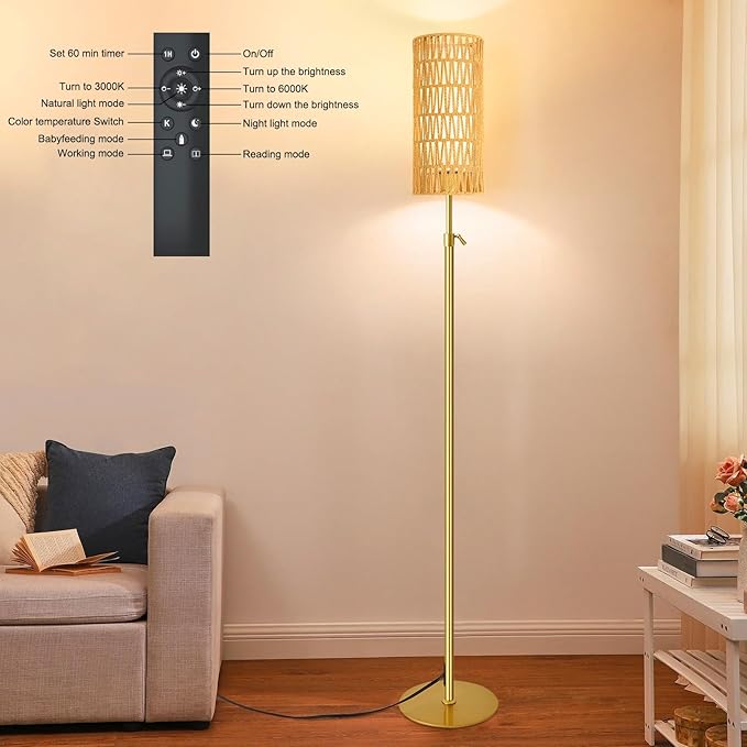 Gold Floor Lamps for Living Room Boho Rattan Floor Lamp with Remote Control & 3 Color Temperature Vintage Wicker Standing Lamp Dimmable Tall Floor Lamp for Bedroom Living Room Corner