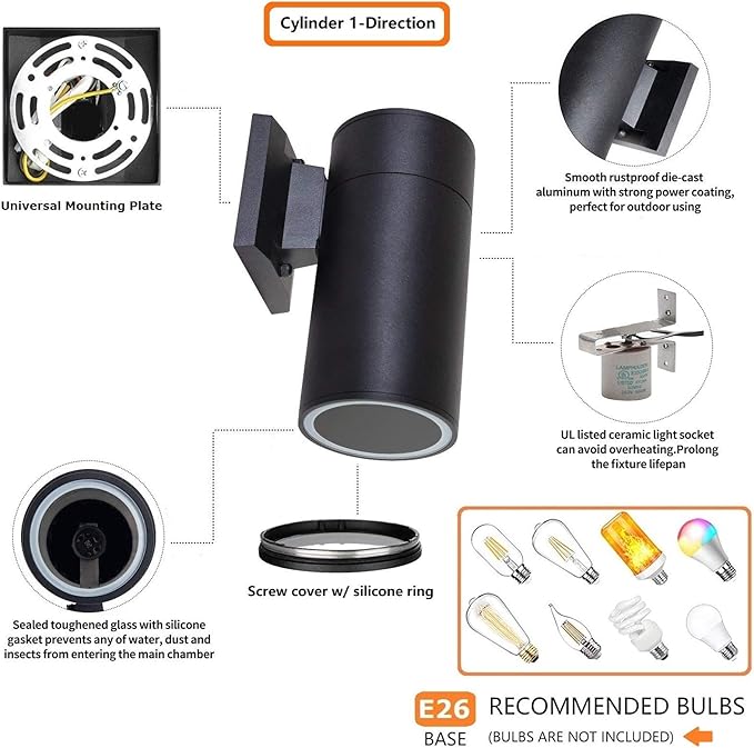 Outdoor Wall Light, Exterior Lighting - ETL Listed, Die-cast Aluminum Anti-Rust Waterproof Wall Mount Cylinder Design – 1-Direction Up or Down Light Fixture for Porch, Garage, Doorway or Patio