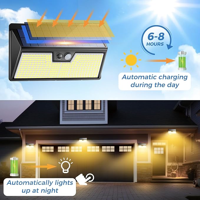 Peasur Warm White Solar Lights Outdoor Motion Sensor, 2 Pack 318LED Solar Powered Fence Wall Light IP65 Waterproof, 3 Mode Security Lights for Outside Deck Stairs Step Yard Patio