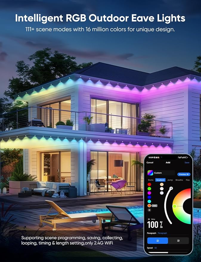 Permanent Outdoor Lights 100ft,RGBW Eaves Light with 72 LED Lights,111+ Scenes Modes Outdoor Lighting, Waterproof Permanent Light for Daily Holiday Halloween Decorations, Compatible with Alexa,Black