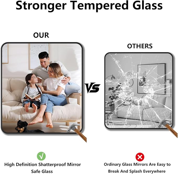 Koonmi Bathroom Mirror, 36X40 Brushed Black Rectangle Wall Mirror, HD Tempered Glass, Anti-Rust Frame Vanity Mirror, Rounded Rectangle Mirror for Restroom, Bedroom, Hangs Horizontal or Vertical