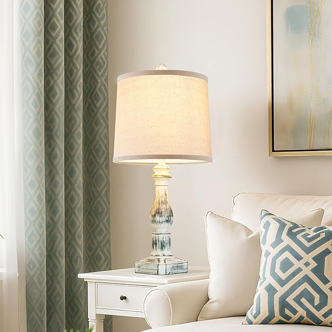 RORIANO 23'' Set of 2 Rustic Table Lamps for Bedroom Living Room, Traditional Farmhouse Resin Desk Lamps, Washed Green Retro Nightstand Lamps for Home Office Entryway, 2 Bulbs Included