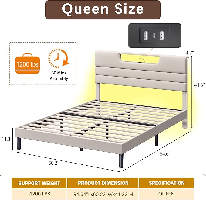Queen Size Bed Frames with Upholstered Headboard, Modern Platform Bed with Charging Station and Led Lights, Bed Frame with Sturdy Wooden Slats/No Box Spring Needed/2-Tier Storage, Beige
