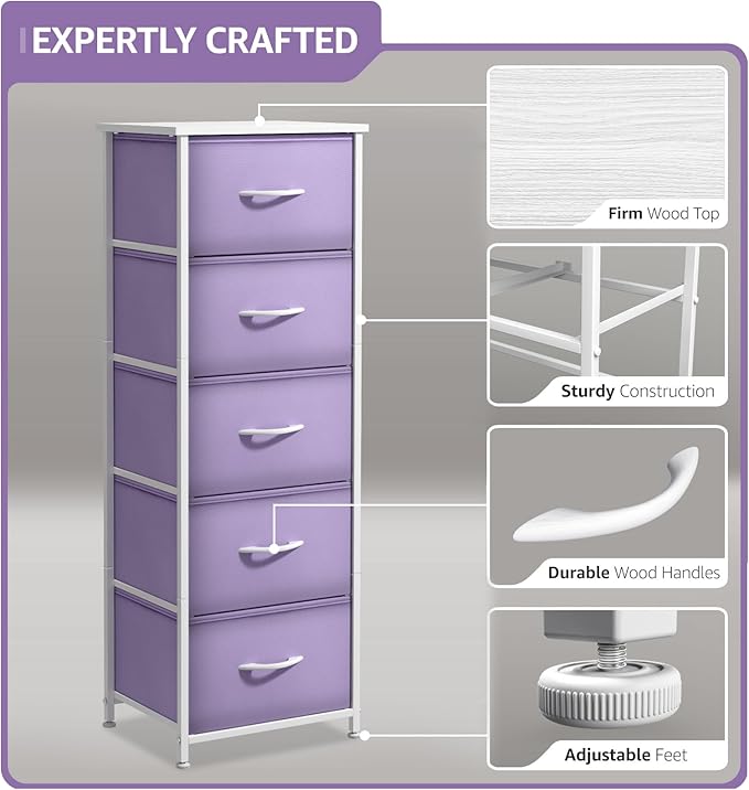 Sorbus Fabric Dresser for Kids Bedroom - Chest of 5 Drawers, Tall Storage Tower, Clothing Organizer, for Closet, for Playroom, for Nursery, Steel Frame, Fabric Bins - Wood Handle (Purple)