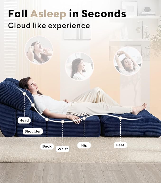Tbfit Folding Sofa Bed, Convertible Sleeper Chair with Large Pillow, Corduroy Folding Couch Bed, Portable & Foldable Mattress Boneless Floor Sofa for Living Room, Bedroom, Office, Blue, Single