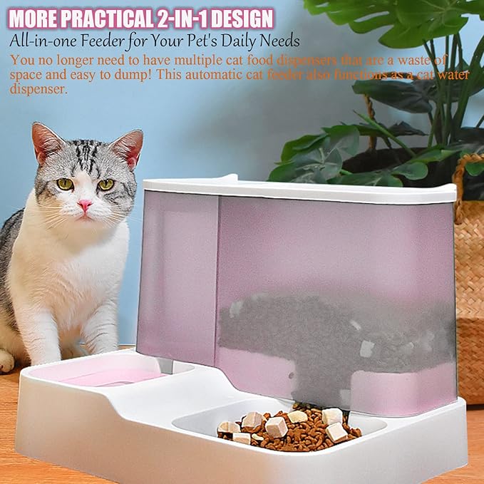 kathson All-in-One Automatic Cat Feeder and Water Dispenser Set Gravity Cat Food and Water Bowl Set Automatic Pet Feeder and Water Dispenser for Small Dogs Puppy Cats Pets(Pink)