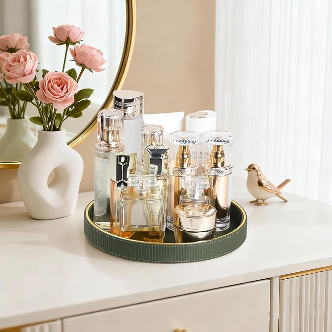 Round Decorative Tray for Coffee Table Decor, PU Leather Coffee Table Tray Golden Trim for Home Decor Living Room Dining Table, Perfume Trays Nightstand Organizer (Green)