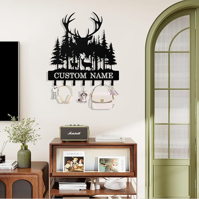 Personalized Deer Forest Key Holder Wall Mount, Custom Metal Keys Hanger for Wall with Name, Custom Key Rack Holder with Hooks for Entryway, Front Door, Hallway, Living Room, Kitchen