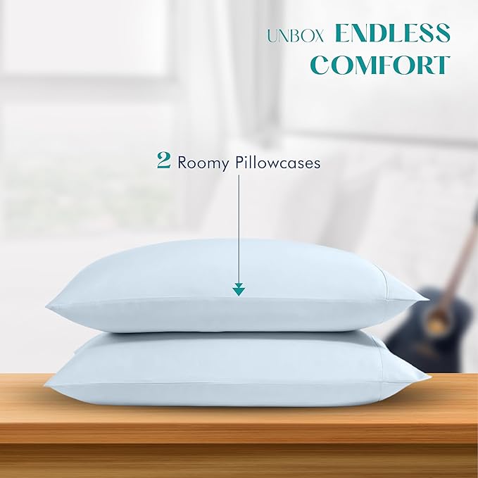 XOOX Linen 100% Egyptian Cotton Pillow Cases Standard/Queen Size Set of 2 - Luxury 1200 Thread Count Sateen Light Blue Pillow Cases, Silky Soft Cooling Pillowcases Fits Standard & Queen Size Pillows