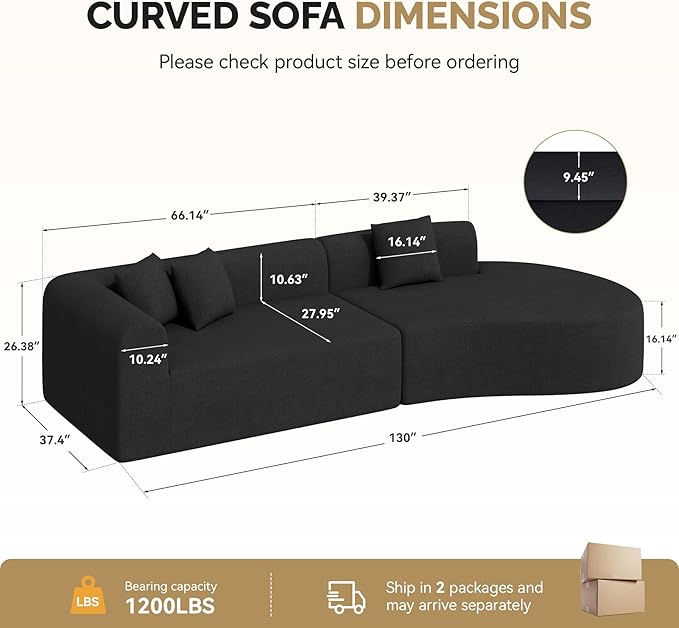 128" Oversized Modern Curved Sofa,Boneless Cloud Sectional Couch with Deep Seat,No Assembly Required Chenille Couches for Living Room,Black,1 PCS