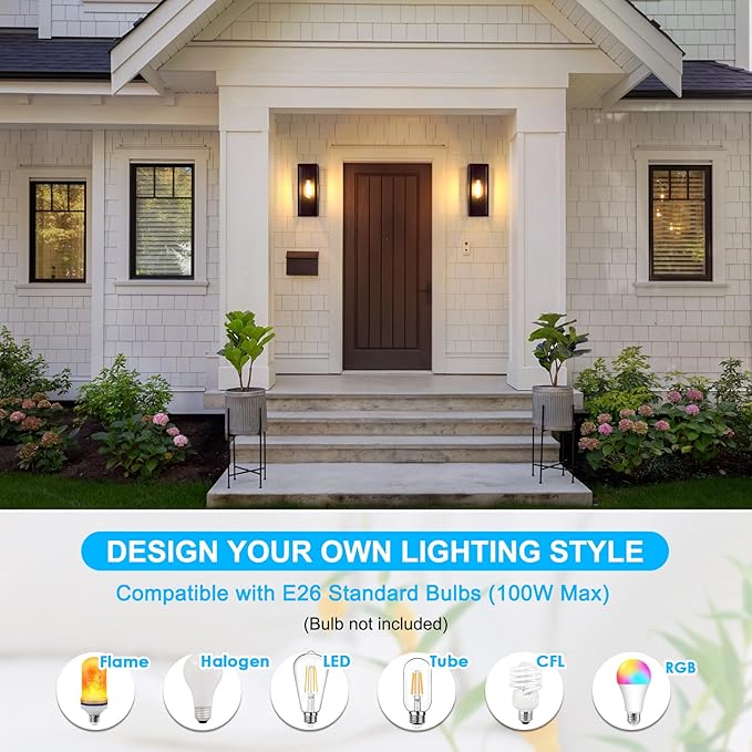 2-Pack Outdoor Wall Lanterns, 13'' Exterior Waterproof Wall Sconce with Clear Glass Shades, Oil Rubbed Bronze Porch Lights, Anti-Rust E26 Outdoor Lights for Outside Patio Garage Front Door House