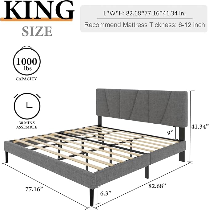 King Size Platform Bed Frame with Modern Upholstered Headboard, Wooden Slats Support, Noise Free, No Box Spring Needed, Easy Assembly, Dark Grey, Linen