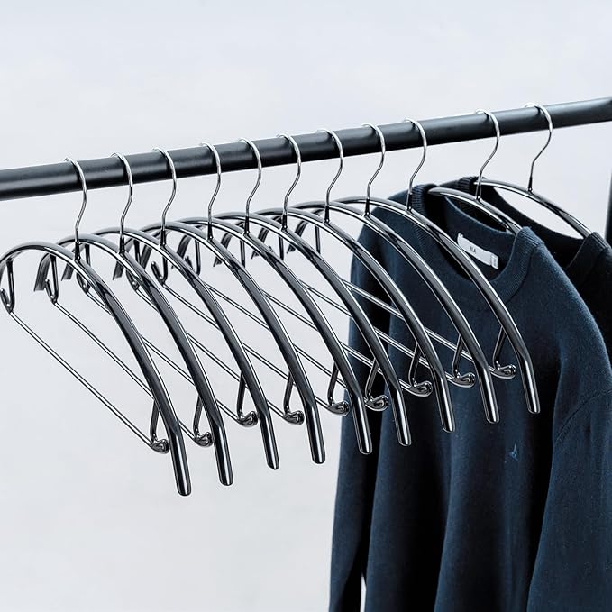 16.5 Inch Black No Shoulder Bumps No Mark Non-Slip Rubber Coated Contour Meta Hanger for Sweater T-Shirt Suit Coat Uniform with Pants Bar Pack of 10