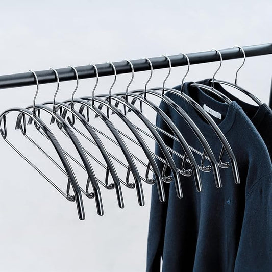 16.5 Inch Black No Shoulder Bumps No Mark Non-Slip Rubber Coated Contour Meta Hanger for Sweater T-Shirt Suit Coat Uniform with Pants Bar Pack of 10