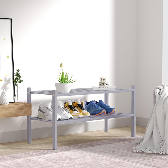 2 Tier Bamboo Shoe Rack for Closet Free Standing Wood Shoe Shelf for Entryway Small Space Stackable 27"x11"x13" (Grey)