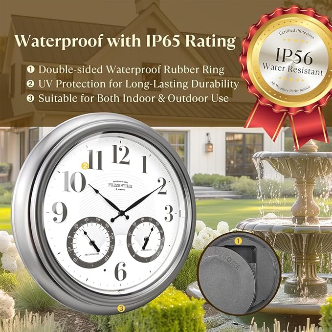 Presentime & Co 18" Illuminated in/Outdoor Atomic Clock with Smart Sensor and Night Light, Waterproof, Large Wall Clock with Thermometer & Hygrometer, for Garden and Patio, Silver.