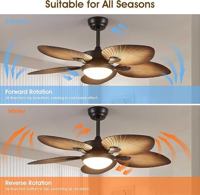 Tropical Ceiling Fans with Lights and Remote/APP Control, 44 Inch Palm Leaf Ceiling Fan with LED Lights, Outdoor Ceiling Fans for Patios Porch, Reversible Quiet Motor, Dimmable, Wood Grain