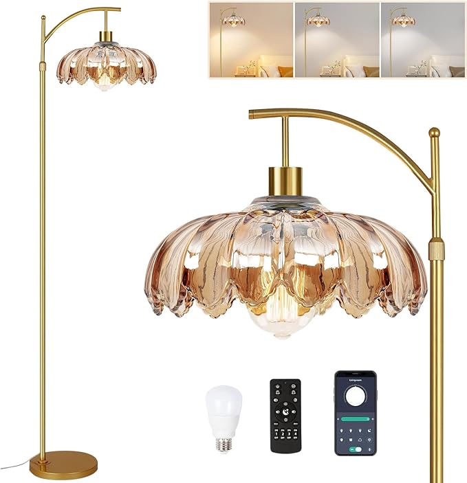 Gold Arc Floor Lamp for Living Room with Remote,Dimmable Modern Floor Lamps with Amber Glass Shade,Unique Vintage Flower Standing Tall Lamp,Mid Century Floor Lamps for Bedroom Office Corner