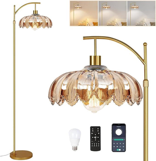 Gold Arc Floor Lamp for Living Room with Remote,Dimmable Modern Floor Lamps with Amber Glass Shade,Unique Vintage Flower Standing Tall Lamp,Mid Century Floor Lamps for Bedroom Office Corner