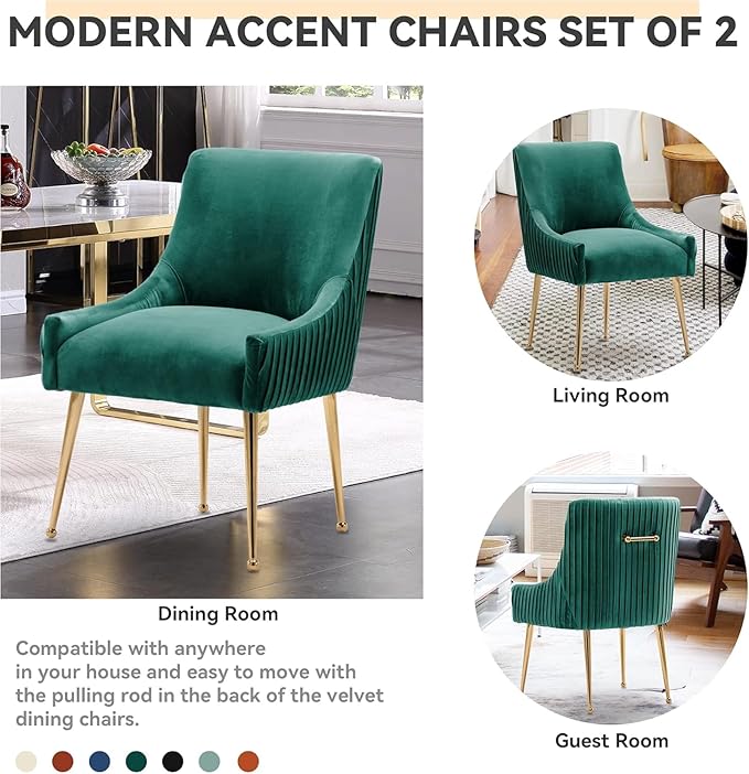Dining Chairs, Accent Chairs Set of 4, Modern Upholstered Kitchen Dining Room Chairs with Gold Legs, Fabric Tufted Velvet Living Room Chairs for Reception Room Bedroom Guest Room (Deep Green)