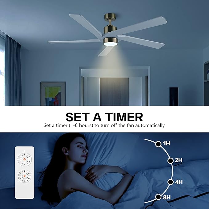 WINGBO 64 Inch DC Ceiling Fan with Lights and Remote Control, 5 Reversible Carved Wood Blades, 6-Speed Noiseless DC Motor, Modern Ceiling Fan in Brass Finish with White Blades, ETL Listed