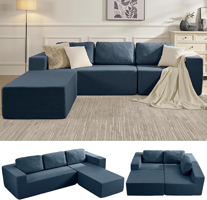 106" Modular Sectional Couch Left/Right Facing Convertible, L-Shape Modern Teddy Sofa, Deep Seat Upholstered Foam Couch for Living Room Bedroom, No Assembly Required (Blue, Teddy Boucle)