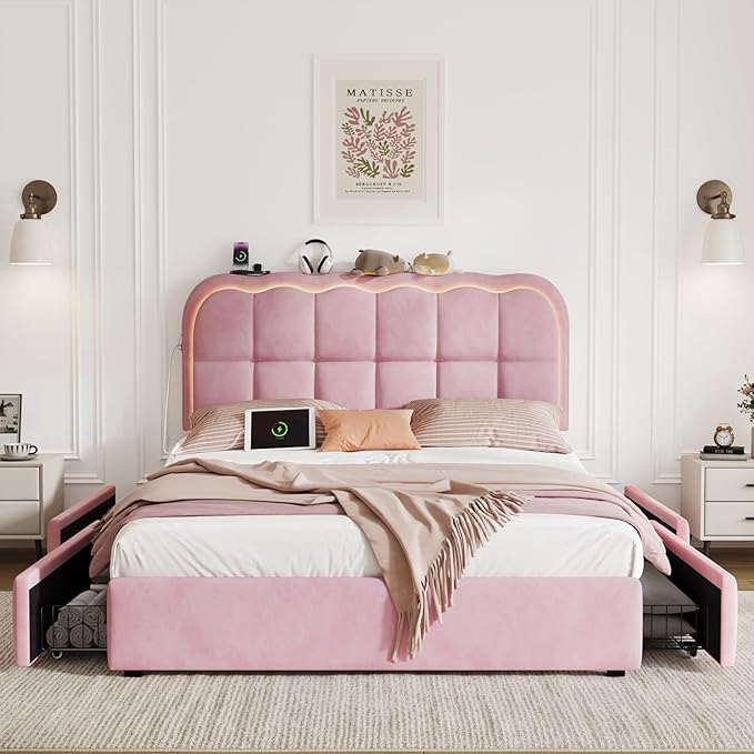 Full Size Bed Frame with 4 Storage Drawers and LED, Adjustable Clouds Headborad, Velvet Upholstered Platform Full Bed Frame with Charing Station, Wood Slats Support, No Box Spring Needed,Pink