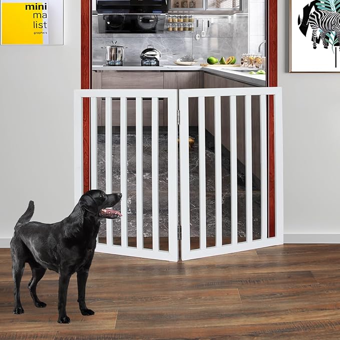 ZJSF Freestanding Indoor Dog Gate for House Foldable Wood White Puppy Gate for Doorways Pet Gate for Stairs Extra Wide Pet Fence 32" Height 2 Panels