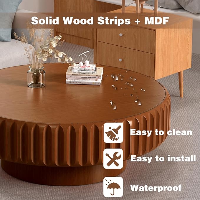 31.5" Drum Coffee Table with Storage Modern Unique Fluted Tea Table Contemporary Round Coffee Table with Fluted Center Table for Small Space Apartment(31.5in)